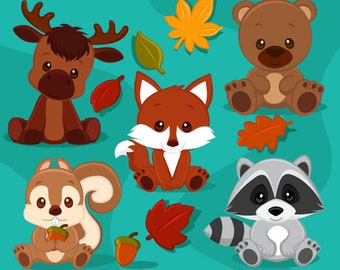 Baby Woodland Animals clipart. Baby fox, Baby squirrel, Baby moose, baby raccoon, baby bear graphics with fall laves and acorn.