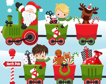 May include: A green and red Christmas train with Santa Claus, a gingerbread man, a reindeer, and two children. The train is decorated with presents, candy canes, and holly. The train is traveling to the North Pole.