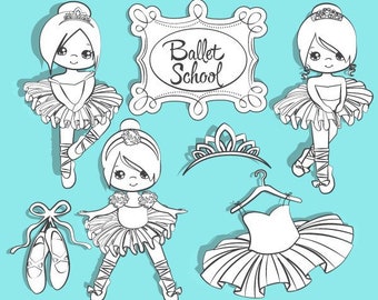 Ballerina Digital Stamps with cute characters, tutus, ballet shoes, outline coloring art, dancers, b&w graphics, commercial use illustration