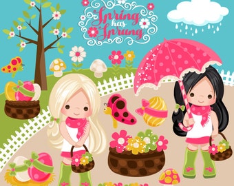 Spring & Easter Cliparts for Girls. Beautiful spring characters, birds, bugs, flowers, spring showers and easter eggs graphics