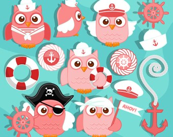 Cute Sailor Owls Girls Clipart. Sailing Owls in Captain outfit, pirate outfit, sailor outfit, sailing graphics, ship wheel, nautical owls