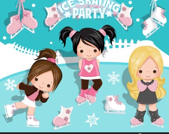 Ice Skating Clipart Winter Outdoor Graphics Ice Skating with cute characters, skates, outdoor illustrations, skate party, commercial use