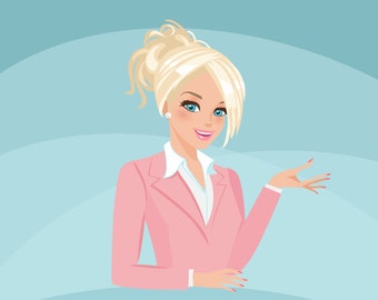 Business owner, shop owner Avatar Design. Blonde character graphics, business, blog header, woman illustration, web design, pink suit, girl