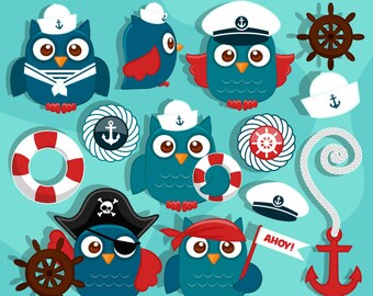 Cute Sailor Owls Clipart. Sailing Owls in Captain outfit, pirate outfit, sailor outfit, cute sailing graphics, ship wheel, anchor and more!