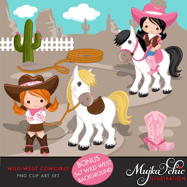 Cowgirl Clipart- Pink & Brown, Western Graphics, cowgirl characters, pink cowgirl boots, lasso, wild west, sheriff, cowgirl hat, commercial