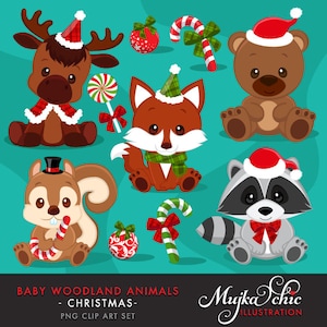Clipart Noël bébé animaux des bois. renard, écureuil, orignal, raton laveur, clipart graphiques d'ours Graphiques !