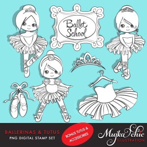 Selos digitais de bailarina com personagens fofinhos, tutus, sapatilhas, arte para colorir contorno, dançarinos, gráficos em preto e branco, ilustração de uso comercial