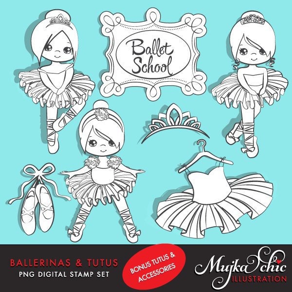 Ballerina Digital Stamps with cute characters, tutus, ballet shoes, outline coloring art, dancers, b&w graphics, commercial use illustration