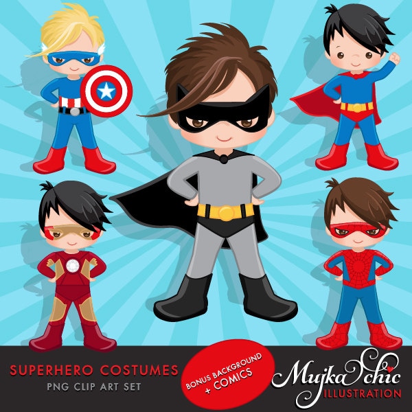 Superhero clipart. Superhero Costumes Clipart and Backgrounds Bundle. Superhero comic bubbles, splash background & cute characters.