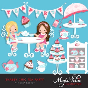 Tee Party Clipart. Kleine Mädchen Teeparty und Cupcakes, Sonnenschirm, Teestube, Cupcakes, Outdoor-Grafiken, shabby chic, Einladungen, Kunst