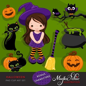 Halloween clipart, halloween-heks png, heksenbezem, leuke Halloween-clipart, Halloween-sublimatieontwerpen, zwarte kat png, leuke heks png