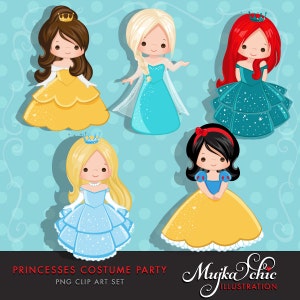 Princess Clipart, cute characters, Graphics, Costume Party, scrapbooking, birthday invitation, embroidery, card making, illustration