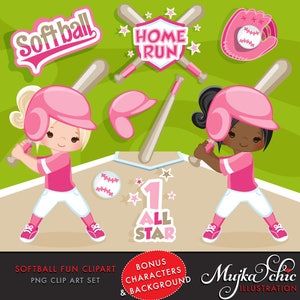 Softball Clipart. Pink Baseball graphics, baseball players, baseball game illustrations, kids playing baseball, home run, black