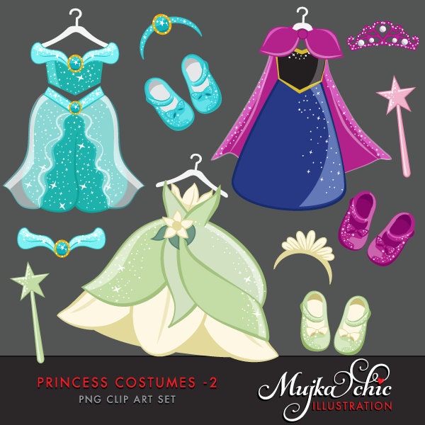 Princess dress Clipart with cute matching dress up accessories. Glitter princess dress, princess shoes, tiara, crown, magic wand, royal