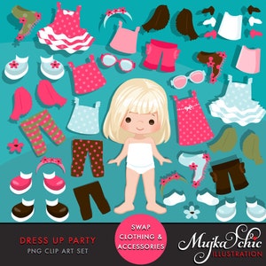 Clipart de poupée de papier. Déguisements pour petite fille, personnages mignons, noir. Invitations à des fêtes, graphiques d'agenda, tenues