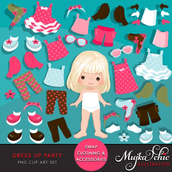 Paper doll clipart. Little Girls Dressing Party Graphics, Cute Characters, black. Party invitations, planner graphics, outfits