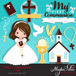 First Communion Clipart for Girls. Cute characters, graphics, bible, church, rosary, banner, holy, religious, cross, invitation stickers image 1