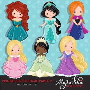 Prinzessinnen Clipart - Prinzessinnen Kostüme mit niedlichen Charakteren, königliche Grafiken, Illustration, Geburtstagseinladung, Partygrafik, Stickerei