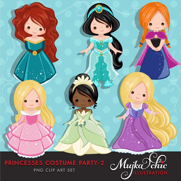 Princesa Clipart - Disfraces de princesa con personajes lindos, gráficos reales, ilustración, invitación de cumpleaños, gráficos de fiesta, bordado