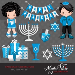 Clipart de Hanukkah. Personajes de niño y niña de Hanukkah, estrella de David, menorá, dreidel, kipá, kidush, pancarta de Hanukkah, gráfico de festividad judía