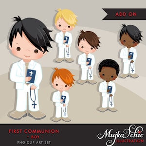 Erstkommunion Clipart für Jungen. Niedliche Kommunionfiguren, Grafik, weiße Kleidung. Bibel, Rosenkranz, religiös, schwarz