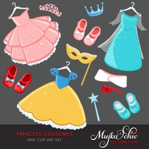 Clipart de disfraces de princesa con lindos accesorios de vestir a juego. Descarga instantánea de gráficos de disfraces de princesa.