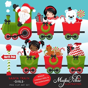Christmas Santa Train Girls Clipart. Choo Cho Polar Express, Santa and cute characters, Gifts, Tree, North Pole