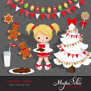 Christmas milk and cookies clipart. Christmas tree, bunting banner, Christmas cookies graphics, lollipop, gingerbread man, cute characters