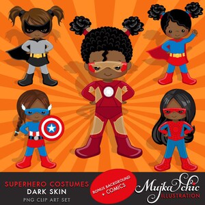 スーパーヒーローのクリップアート。スーパーヒーローのコスチューム - 黒人の女の子 - クリップアート - スーパーヒーローのコミックバブル、スプラッシュ背景、かわいいキャラクター。
