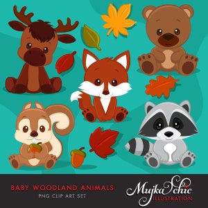 Baby Woodland Animals clipart. Baby fox, Baby squirrel, Baby moose, baby raccoon, baby bear graphics with fall laves and acorn. image 1