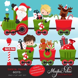 Imágenes prediseñadas del tren de Papá Noel navideño. Choo Cho Polar Express, personajes adorables, bastones de caramelo, gráficos del Polo Norte