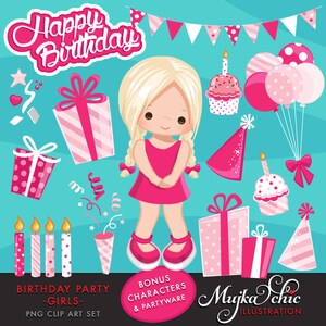 Clipart de fiesta de cumpleaños de niñas con lindos personajes, pastel de cumpleaños, globos, cupcakes, confeti, cajas de regalo y banderines