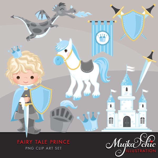 Fairy Tale Prince Clipart. Fairy Tale characters, dragon, crown, sword, prince castle, knights, armor, shield horse  graphics. Blue gray