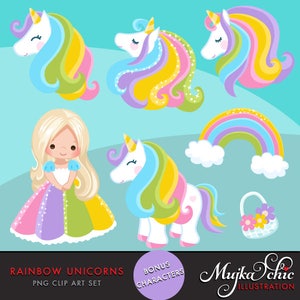 Unicorn Clipart Rainbow unicorns and little girls. Summer graphics, party printables, digitized embroidery, , characters image 1