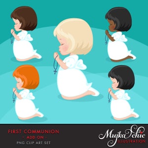 Clipart Prima Comunione per ragazze. Personaggi della comunione, grafica, ragazze in preghiera, illustrazioni nere, sante, religiose, cristiane