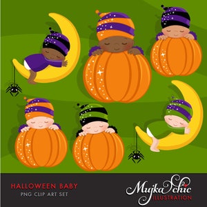 Halloween Baby Clipart. Neue Baby Grafiken für Halloween, Gender Reveal Party, süße Charaktere, Kürbis, schwarzes Baby, Afro