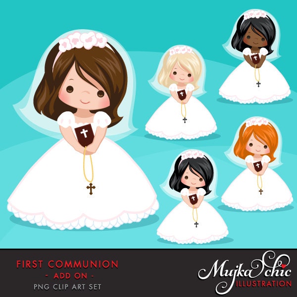 First Communion Clipart for Girls. Communion characters, graphics, bible, rosary, veil. First Communion Graphics, religious illustrations