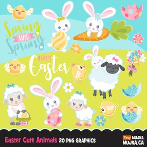 Ostern-Clipart. Niedliche Frühlingstiere Grafiken, Baby Hase, Küken Lamm Ei Lettering Party Printables, digitalisierte Stickerei, Planer Aufkleber,