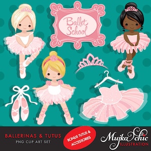 Ballerina Clipart met schattige personages, roze tutu, balletschoenen Graphics, balletschool, tiara, balletjurk, uitnodiging, borduurwerk, kunst