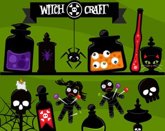 Halloween Witchcraft Clipart with elixir potion jars, witchcraft banner, spiderweb, woodoo dolls, skulls and potion graphics.