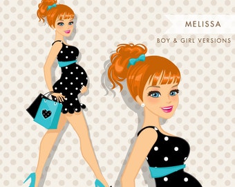 Red Blonde Pregnant Woman Character walking with gift bags Clipart. Baby Shower Party Invitation Character. Teal Blue, Hot Pink,Polka dots