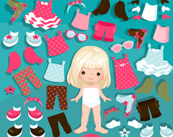 Paper doll clipart. Little Girls Dressing Party Graphics, Cute Characters, black. Party invitations, planner graphics, outfits