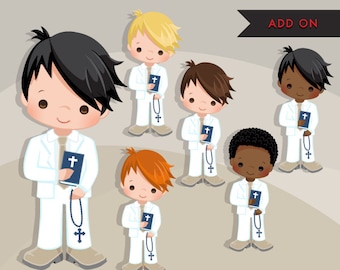 First Communion Clipart for Boys Add On. Cute Communion characters, graphics, white clothing. Bible, rosary, religious, black