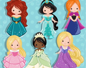 Princess Clipart - Princess Costumes with cute characters, royal graphics, illustration, birthday invitation, party graphics, embroidery