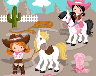 Cowgirl Clipart- Pink & Brown, Western Graphics, cowgirl characters, pink cowgirl boots, lasso, wild west, sheriff, cowgirl hat, commercial