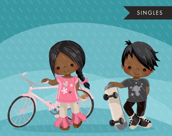 Cute couple clipart, cute black boy png, cute black girl png, valentines day clipart, pink bicycle clipart, skateboard png, valentine png