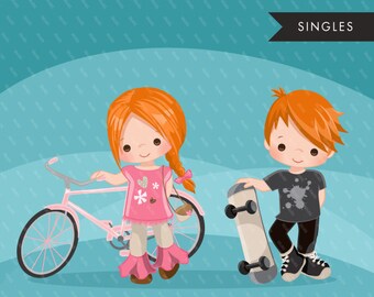 Sports couple girl with bicycle and boy with skateboard , cute characters, scrapbooking, card making, embroidery,  , easter