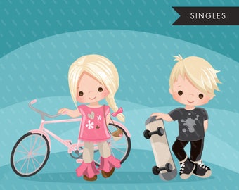 Cute couple clipart, cute boy png, cute girl png, valentines day clipart, pink bicycle clipart, skateboard png, valentine png