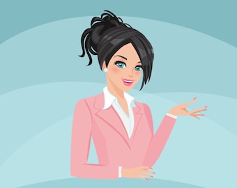 Business owner, shop owner Avatar Design. Brunette character graphics, business, blog header, woman illustration, web design, pink suit