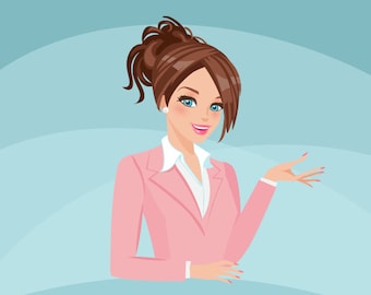 Business owner, shop owner Avatar Design. Brunette character graphics, business, blog header, woman illustration, web design, pink suit